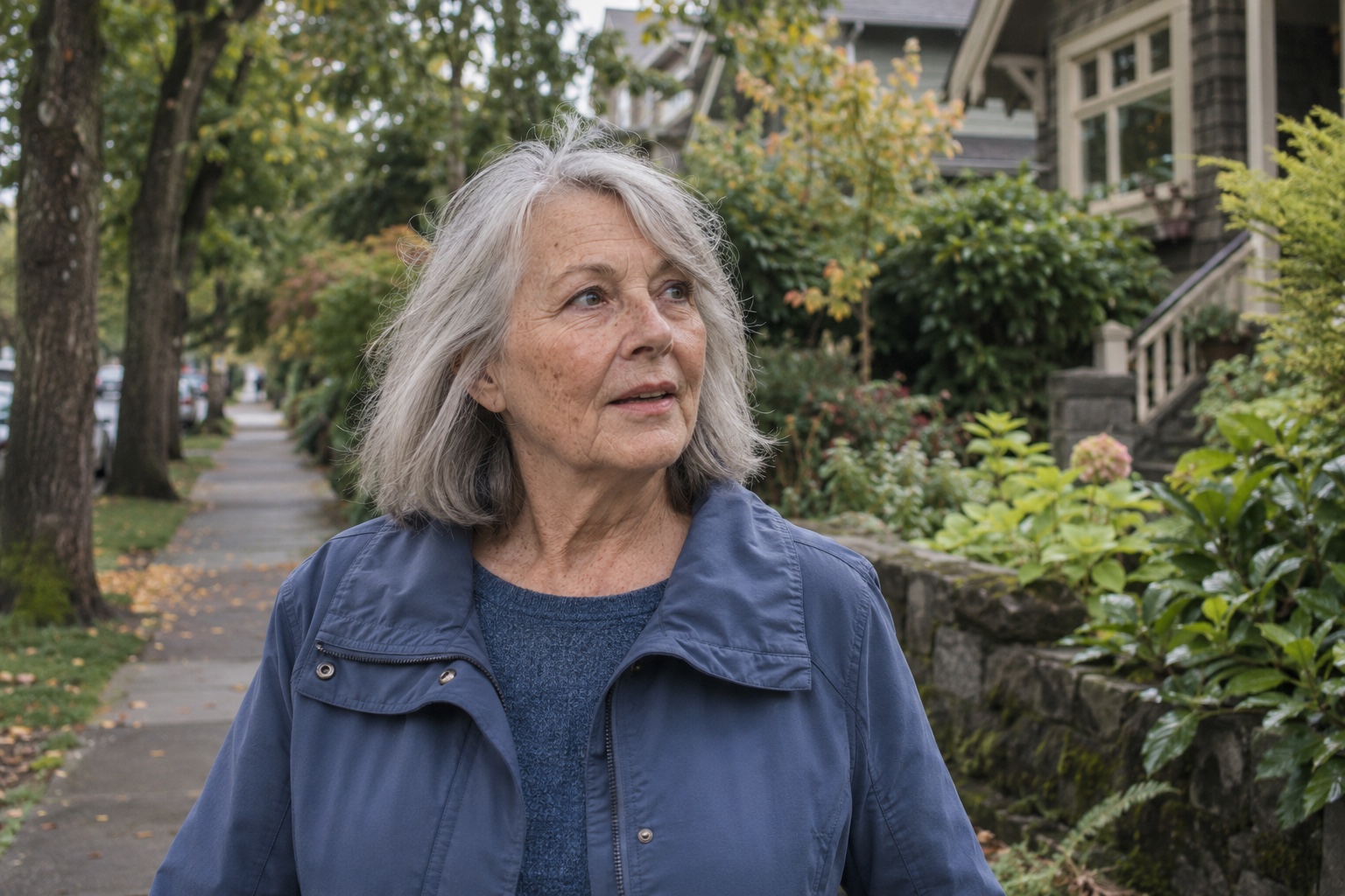 An older woman out for a walk in her neighbourhood